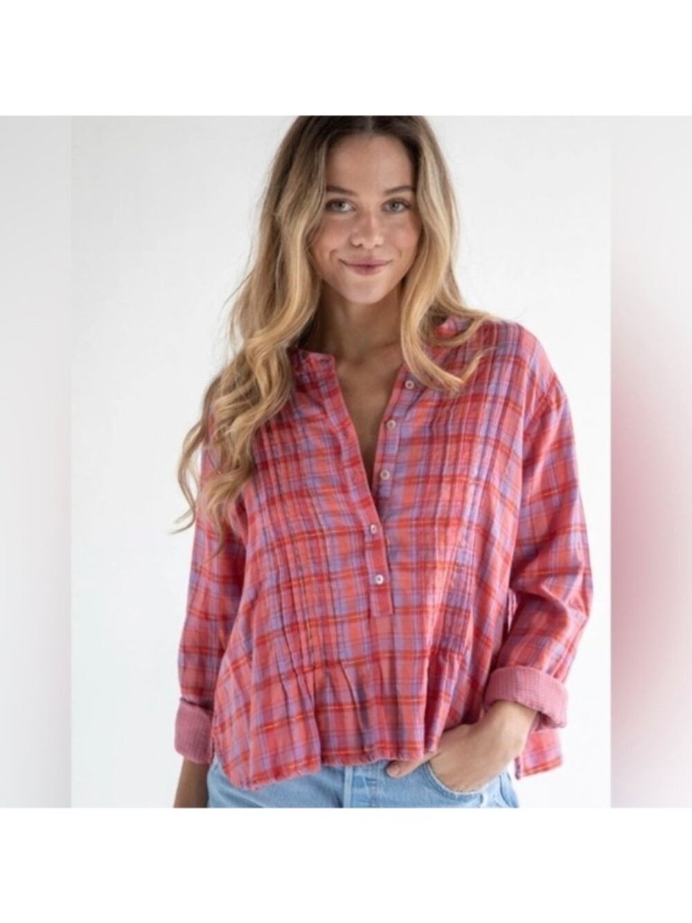 Natural Life Montana Top Pink Plaid Button Up Boxy Fit Cotton Gauze Boho Large